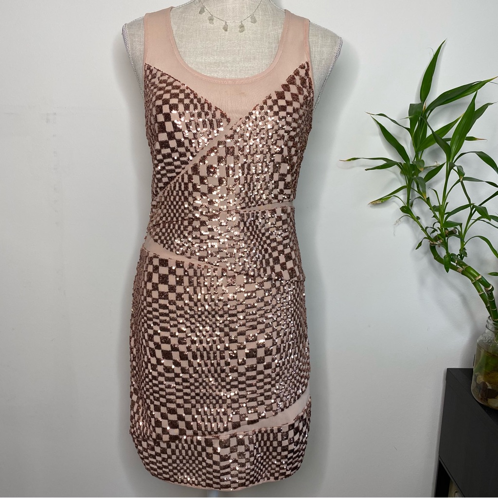 2b Bebe Pink Sequin Checkerboard Mini Dress